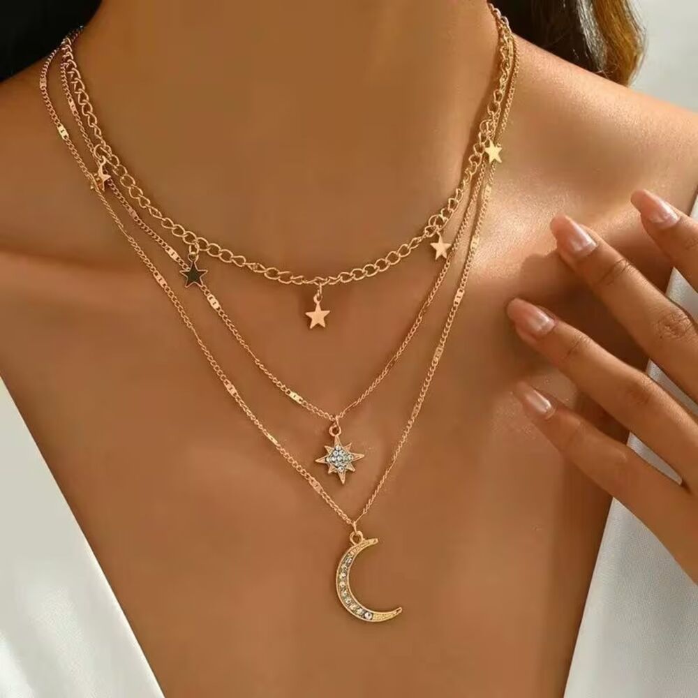 Multi Layer Gold Celestial Pendant Necklace Rhinestone Charm Adjstble Star Moon